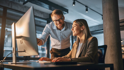 A team collaborates in a bright modern office, sharing ideas and enjoying a positive, productive work environment in a inclusive setting.