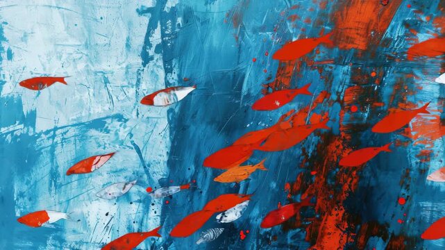 Vibrant abstract painting featuring red fish splashing in blue water against a white canvas background.