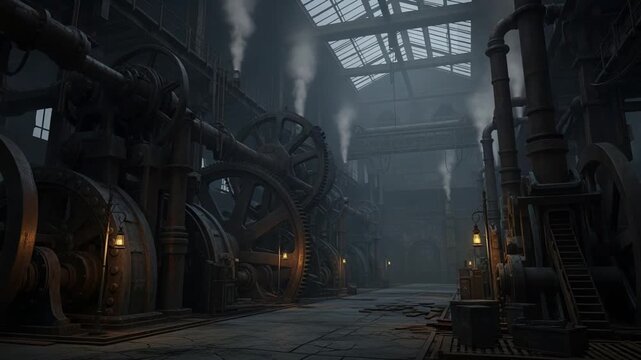 Industrial gloom atmosphere, Desolate factory with machinery shadows