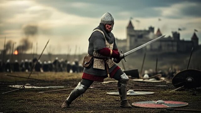 Medieval Warrior's Resolve: A valiant warrior, clad in armor, stands firm amidst the chaos of a historical battlefield, his sword raised, ready for combat.