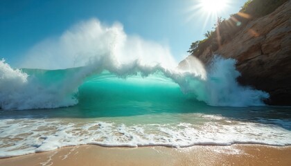 Massive turquoise wave breaks near rocky shore under bright sun. Ocean water crashes on sandy beach, creating sea spray and foam. Tropical island seascape, natural power, wild beauty.
