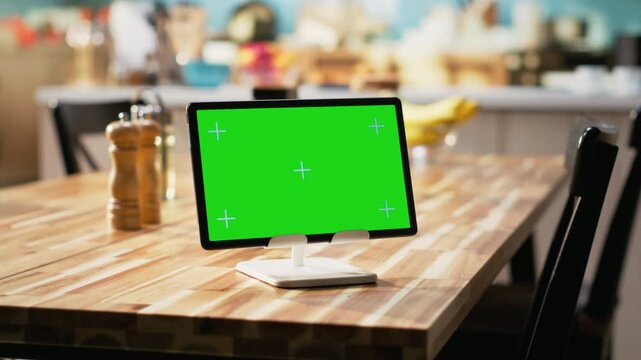Chroma key display on tablet placed on dining table in rustic empty kitchen, cozy space filled with utensils, cooking essentials, kitchenware and stylish luxury appliances.