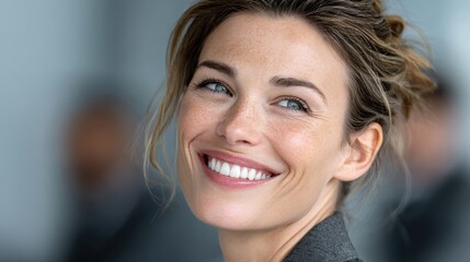 Naklejka premium Close-up Portrait of Smiling Woman: Professional & Confident, Smile