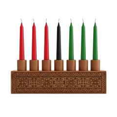Wooden kinara with unlit candles and intricate Adinkra symbols on base, centered front view, isolated on transparent background. Ideal for Kwanzaa, cultural holiday designs, educational graphics,