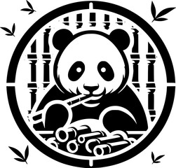 Minimalist black-white panda holding bamboo icon with clean lines, no shading, isolated on white. Simple, modern, scalable, ideal for logos or digital use.