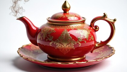 Hot steam rises from a shiny red teapot decorated with ornate gold floral patterns. The matching saucer has a scalloped edge and gold trim. This elegant ceramic ware is perfect for serving tea.