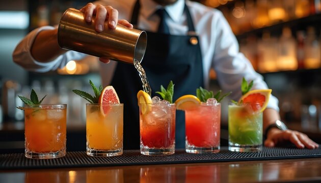 Bartender mixes colorful cocktails in glasses with ice and fruit garnishes. Barman prepares refreshing drinks with mint for guests. Nightclub or pub setting with alcohol service.