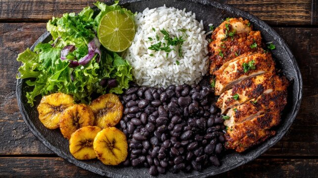Rustic overhead shot of a delicious Cuban or Caribbean dinner plate: sliced, seasoned chicken, black beans, white rice, fried plantains, and fresh greens. Perfect for ethnic food and restaurant menus