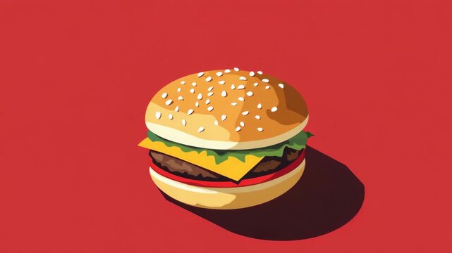 A hamburger with cheese and lettuce on a red background