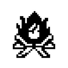 Pixel art icon of a campfire with crossed logs, black and white