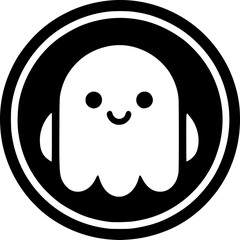 Minimalist black-white smiley ghost icon with clean lines, no shading, isolated on white. Simple, modern, scalable, perfect for stickers or digital use.