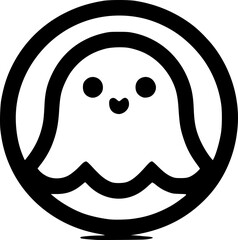 Minimalist black-white smiley ghost icon with clean lines, no shading, isolated on white. Simple, modern, scalable, perfect for stickers or digital use.