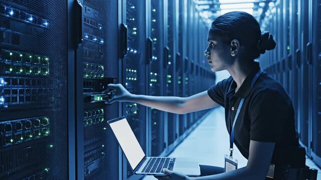 Dedicated female technician works diligently within a brightly lit server room aisle managing hardware racks with a modern laptop computer for system maintenance