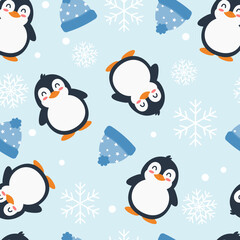Penguin seamless pattern with snowflake and beanie hat. Can be used for wallpaper, paper wrapping, fashion fabric, greeting card, winter season theme