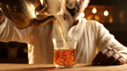 A person pouring tea from a traditional teapot into a glass cup in a cozy, warmly lit setting that evokes a sense of relaxation and cultural appreciation