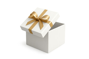 Obraz premium White gift box with an open lid and golden ribbon, receiving a present, surprise, christmas, birthday celebration