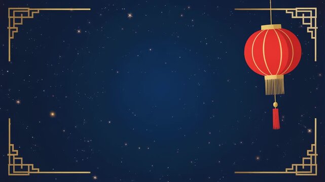 Red lanterns and blossoms frame a deep blue sky, creating a festive Chinese New Year background full of color and celebration.
