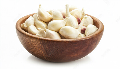 garlic cloves in wooden bowl isolated on white background