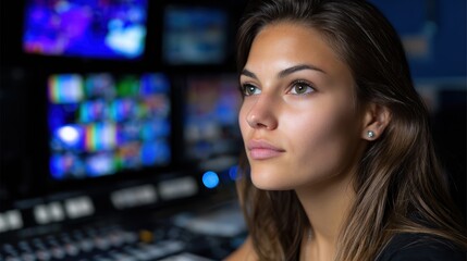 Young Woman Focused in Media Production Control Room, Broadcast studio