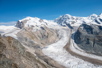 The beautiful view of the Grenzgletscher glacier in the Swiss alps