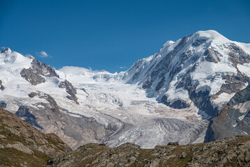The beautiful view of the Grenzgletscher glacier in the alps of Swiss