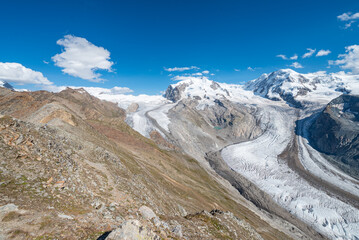 The beautiful view of the Grenzgletscher glacier in the Swiss alps