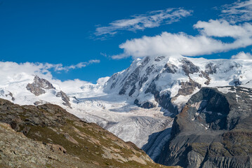 The beautiful view of the Grenzgletscher glacier in the Swiss alps