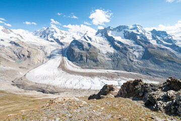 The beautiful view of the Grenzgletscher glacier in the Swiss alps