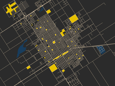 Abstract city map of Venado Tuerto, Argentina with dark map with yellow accents
