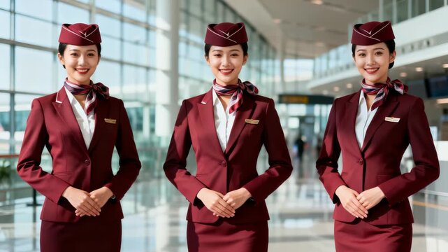 three professional women in dress uniforms at modern airport