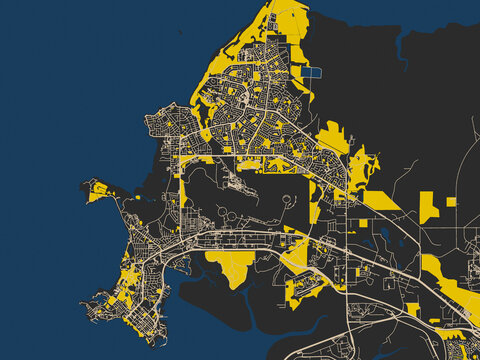 Urban map of Darwin, Australia in a dark flat palette: graphite black base with warm cream road network, signal-yellow open areas and inky blue waterways