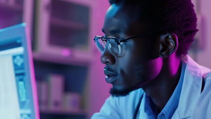 A focused male scientist wearing eyeglasses in a lab, staring intently into the data on his computer screen.