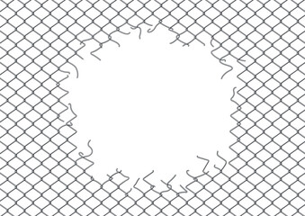 破れて穴の開いたメタリックな金網のフェンスのフレーム