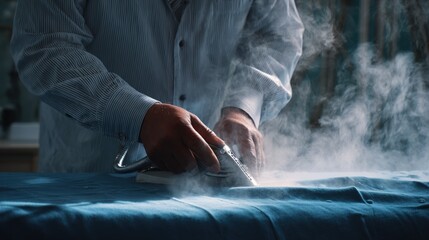 Medium shot of a tailor using steam to carefully finish a garment enhancing fabric texture and removing wrinkles with precision.