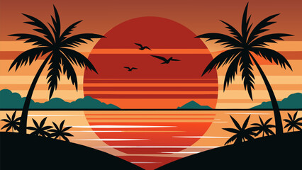 Tropical Beach Sunset Landscape Illustration