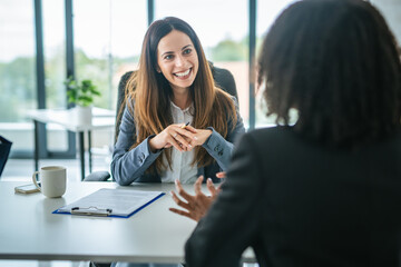 Woman candidate discussing during job interview meeting