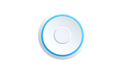 Glossy, white circular button with a blue outline and a smaller inner circle