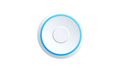 Glossy, white circular button with a blue outline and a smaller inner circle