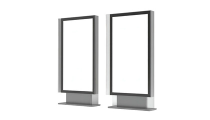 Two blank, upright advertising displays with metal frames and a dark background