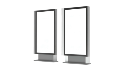 Two blank, upright advertising displays with metal frames and a dark background