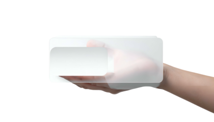 A person's hand, holding a blank white screen with rounded corners