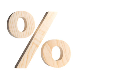 Wooden percentage symbol against a black background, with visible grain and light play
