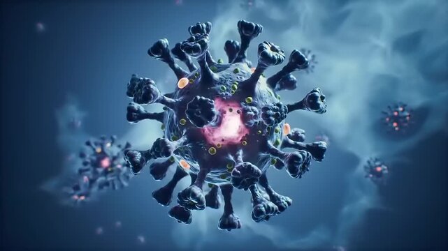 Coronavirus molecules floating in a blue space.
