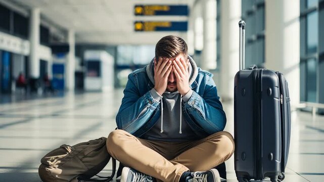 caucasian traveler trapped in tense moment at airport terminal