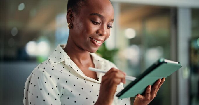 Black woman, tablet and review in office for digital article, online and creative journalism. Female person, column planning and news website for spelling, publishing and editor proofreading on tech