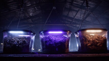 Medium shot of hightech optic devices classifying various recycled materials based on surface properties in a modern recycling plant.