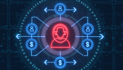 Obraz premium Customer Service Network: An illustration showcases a central customer service figure surrounded by financial transactions and customer icons.