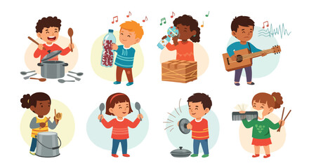 Children playing musical instruments with joyful expressions