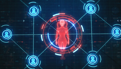 Obraz premium Cyber Connectivity: An artistic representation of a central figure linked to a network of digital nodes, symbolizing the intricate web of modern technology and global connection.