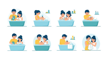 Parents bathing baby in tub, multiple scenes